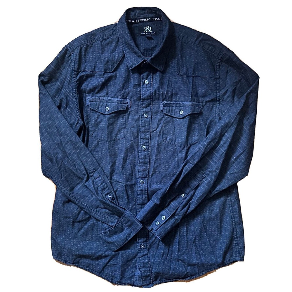Rock & Republic Shirt Men's L Dark Gray Casual Pockets Button Roll‎ Up Shirt